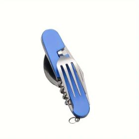 Stainless Steel 6-in-1 Multi-Tool Cutlery Set, Folding Pocket Knife with Fork, Spoon, Can Opener, Corkscrew, and Bottle Opener (Color: Blue)